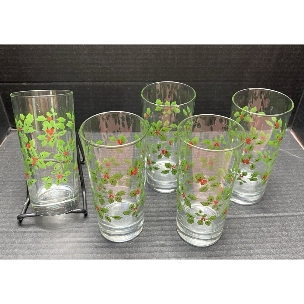 Vtg Libbey Christmas Holly Berry Highball Glasses Set of 5 Holidays Mid-Century
